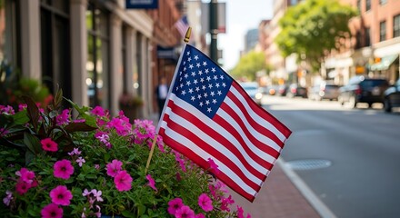 American flag waving in a city street lined with flowers.