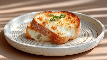 Gourmet Cheese Toast on Artisan Plate with Sunlit Shadows Creating a Cozy Culinary Ambiance