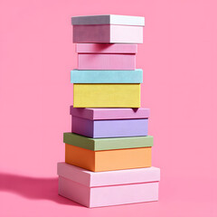 Pastel-Colored Square Boxes Stacked on Pink Background