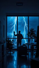 Lightning storm office view dramatic weather night silhouette man at window cityscape