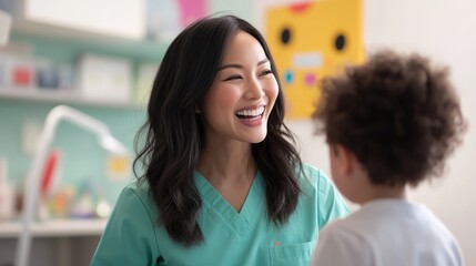 Smiling Pediatrician Interacting with Child in Bright Pediatric Office