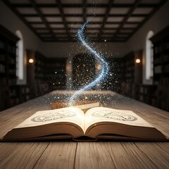 An open book with magical swirling light effects.