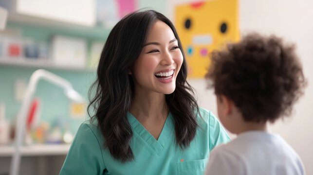 Smiling Pediatrician Interacting with Child in Bright Pediatric Office