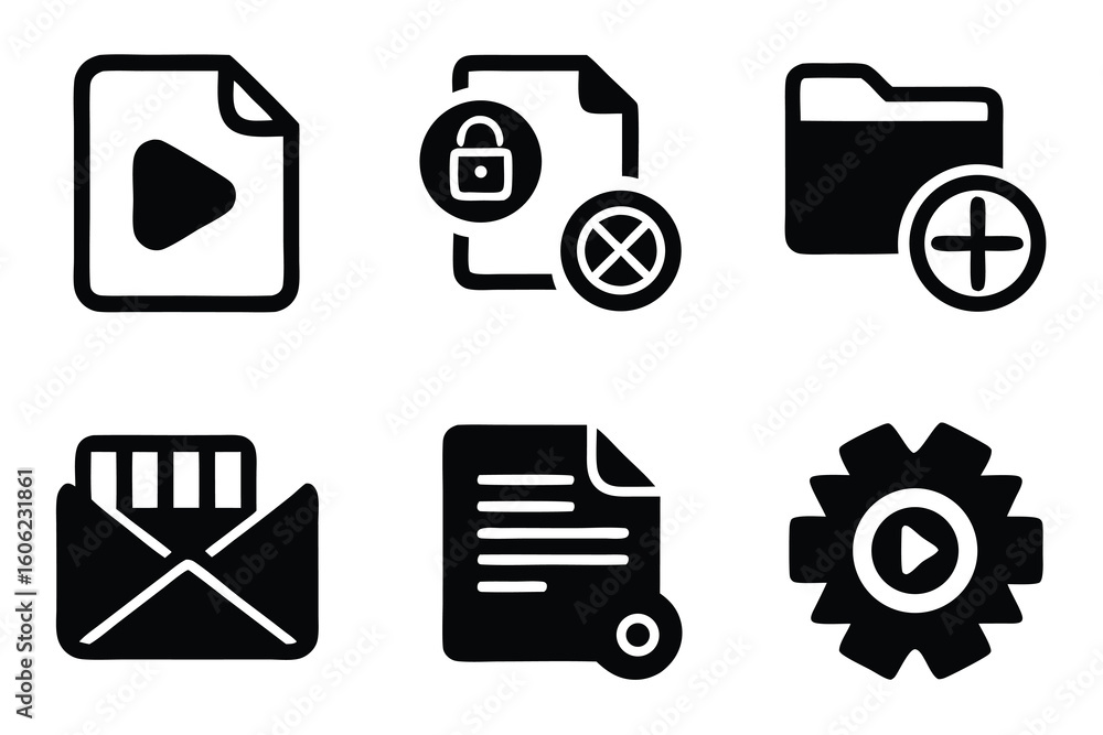 Poster vector art of a collection of interface icons representing file security, multimedia, and document m