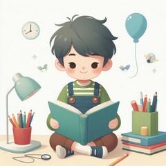 little boy reading a book