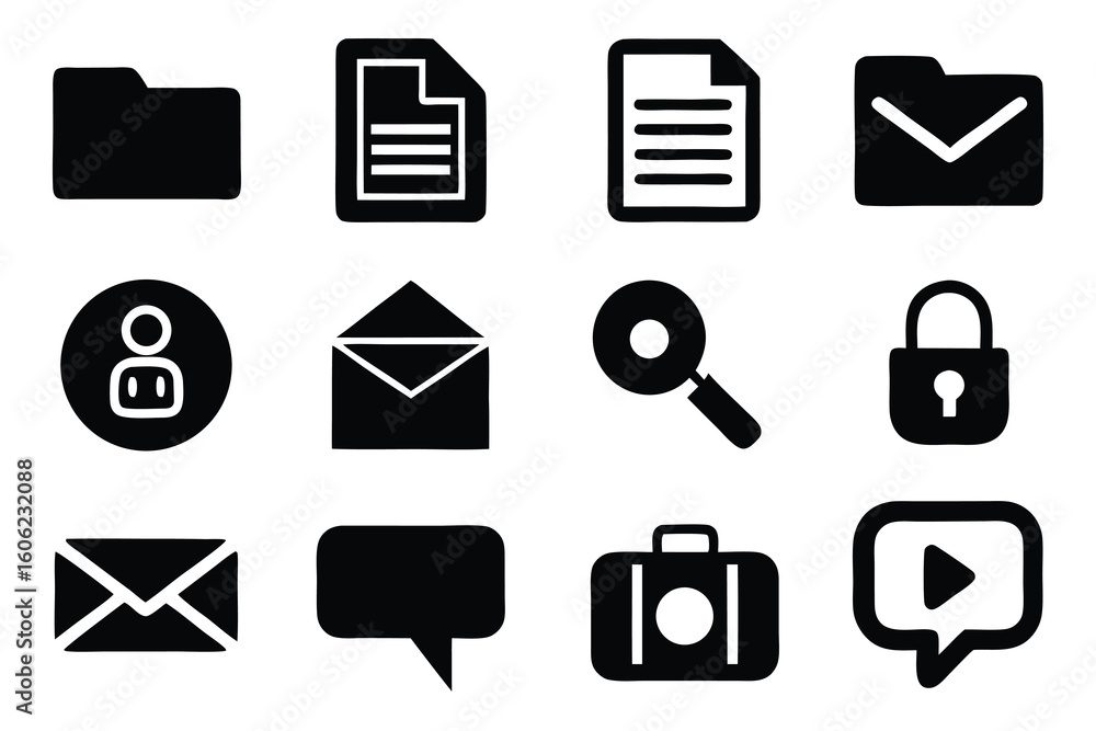 Poster vector art of a set of essential icons for file management, communication, and user interface design