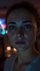 Portrait of a young woman with blue lighting looking at the camera close up view shot