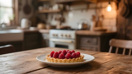 Raspberry Tart on a Wooden Table in a Cozy Kitchen