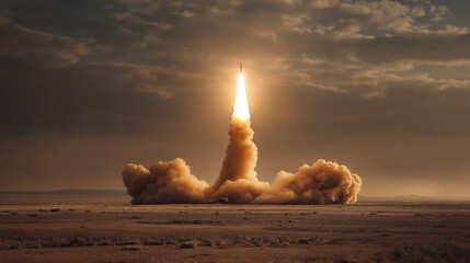 Dramatic Ballistic Missile Launch over Arid Plains with Plume Trail and Ominous Skies