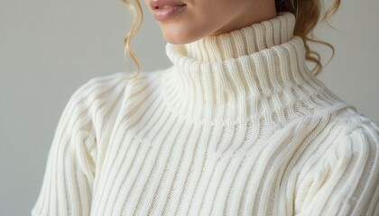 Close-up of Woman Wearing Cream Knitted Turtleneck Sweater