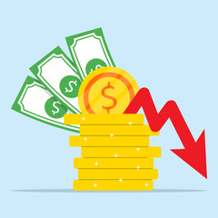 Money loss in flat cartoon with arrow down. Concept of financial crisis, market fall bankruptcy and budget recession.