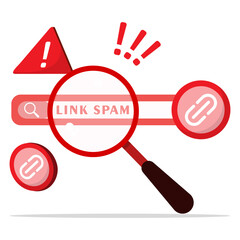 Concept of website affected by link spam. Website alert on danger and traffic loss due to spam link building.