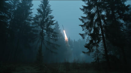 Forest Launch Ballistic Missile in Dark Night Sky, Powerful Weaponry