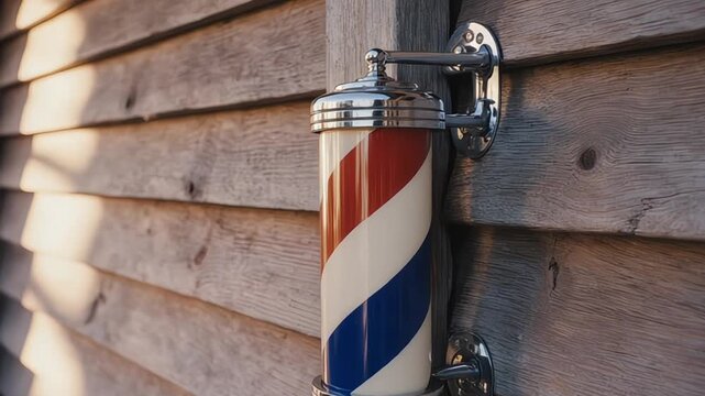 Traditional barber pole mounted on a weathered wooden wall showcasing vintage charm