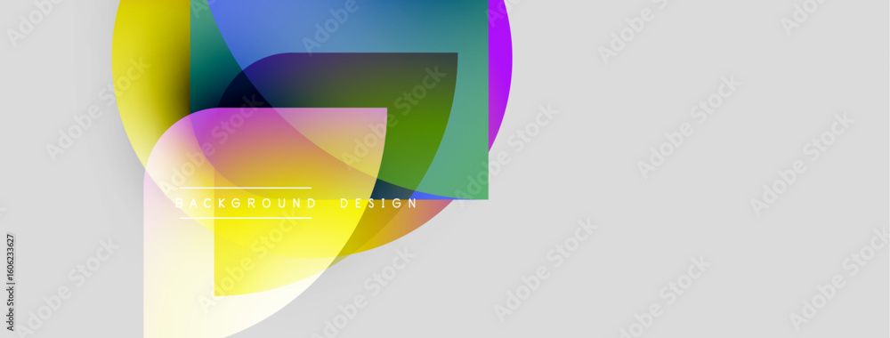 Poster Abstract colorful shapes overlap, creating dynamic visual effect. White space dominates background. Modern design element.