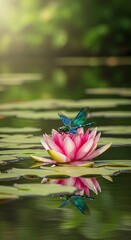 Beautiful pink water lily with a vibrant dragonfly resting on its petals.