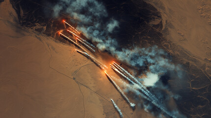 Ballistic Missile Launch: Aerial view of desert landscape and rising smoke plumes