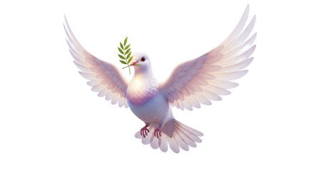 Fototapeta premium A white dove in flight, carrying an olive branch, symbolizing peace and hope.
