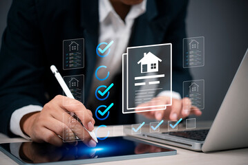 Hand holding stylus, interacting with digital house forms and checklist on tablet. Real estate...