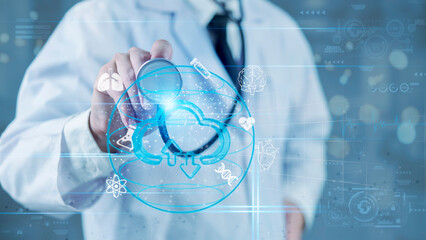 Doctor holding stethoscope near virtual cloud with medical icons. Digital healthcare, online health...