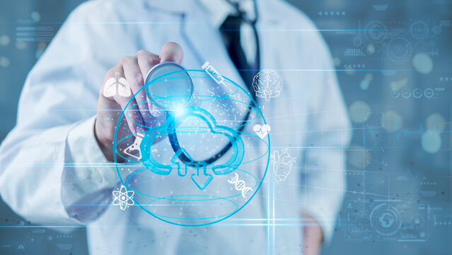 Doctor holding stethoscope near virtual cloud with medical icons. Digital healthcare, online health data storage. Cloud computing in medicine, medical innovation.