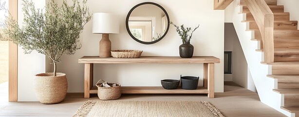 Entryway console table with modern console table decor, stylish console table arrangement for minimalist home, elegant console table design with natural wood