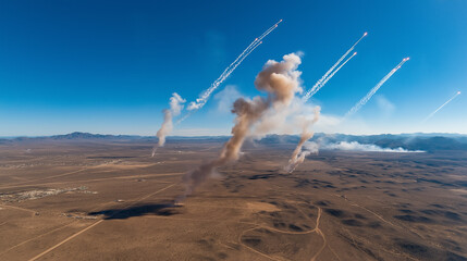 Ballistic Missile Launch Over Arid Landscape with Smoke Trails and Clear Blue Sky