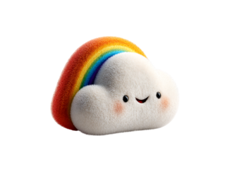 Happy fluffy cloud with rainbow smiling cartoon character, Isolated On White, Transparent Background, Png