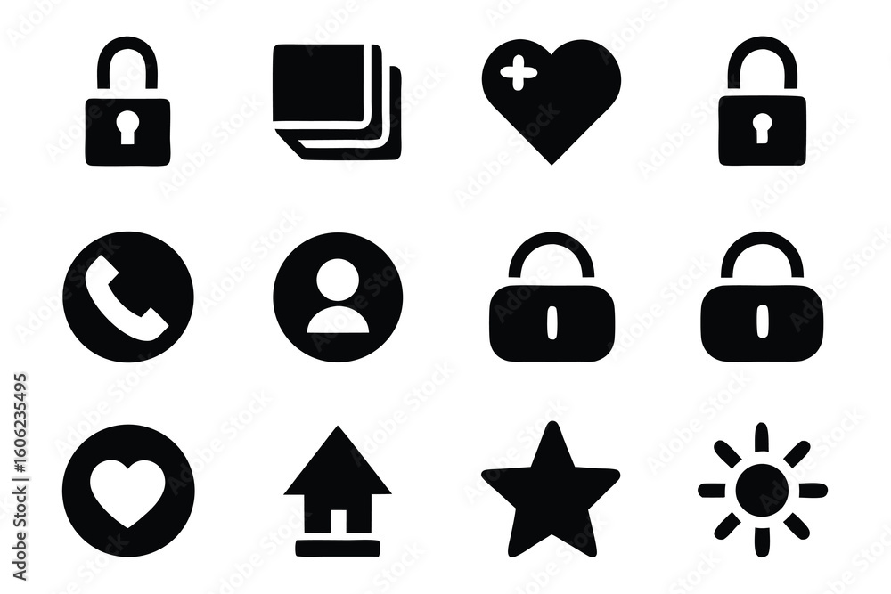 Poster vector art of collection of interface icons for security, communication, and user settings