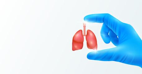 Doctor's hand in blue gloves holding lung Shows human organ model close up on white background with blank space for your text. Medical health care analyzes. Vector realistic images.