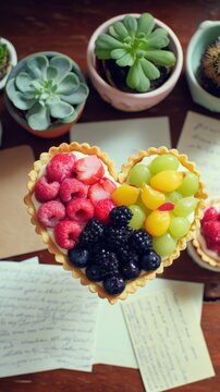 Colorful Heart Shaped Fruit Tarts with Thank You Notes on Rustic Table for Employee Appreciation