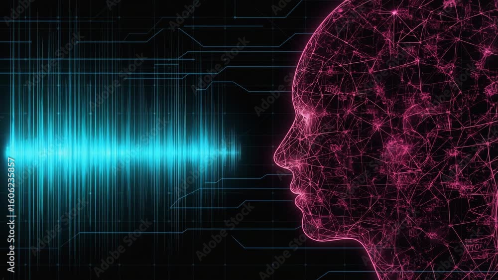 Poster abstract futuristic visualization of ai-driven voice recognition with glowing face profile and digit