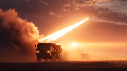 Ballistic Missile Launch Military Vehicle Against Fiery Sky Tactical System