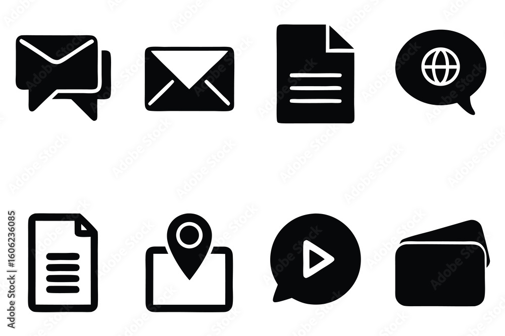 Poster vector art of set of essential communication and navigation icons isolated on white background