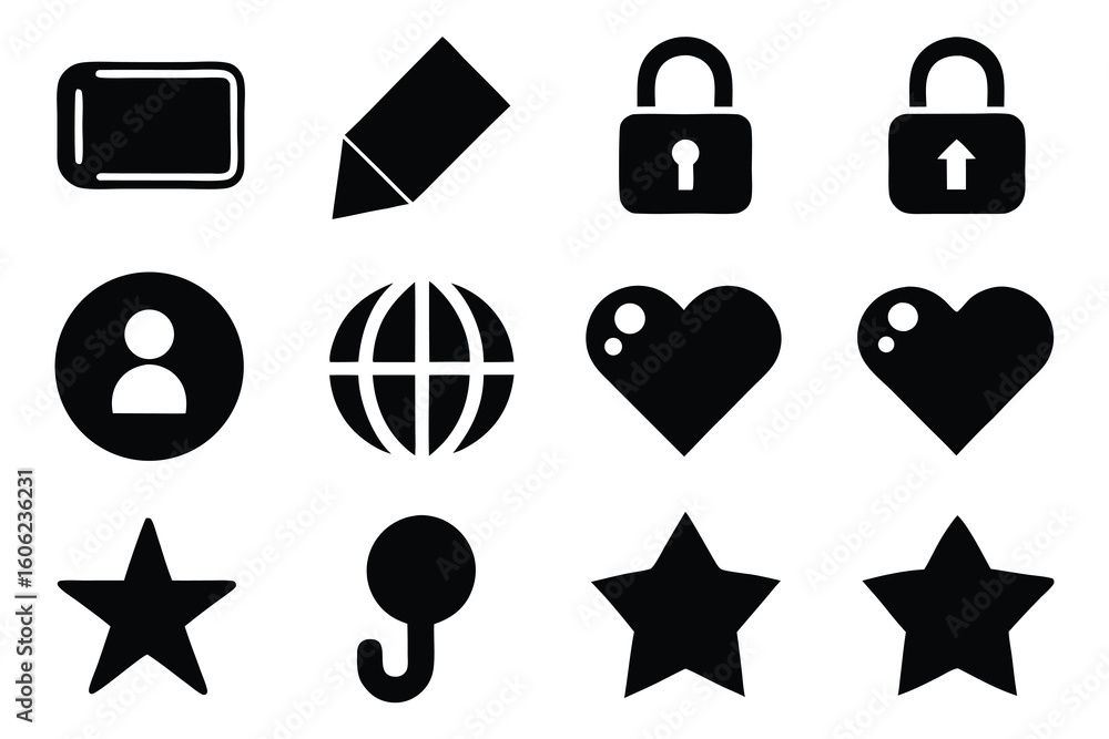 Poster vector art of a set of basic user interface icons is presented isolated on white background
