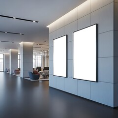 Modern office hallway with empty posters on the wall.