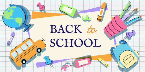 School Banner Background with Modern School Supplies on Notebook Cage Background. Back to School. Poster Flyer with Trendy Education School Flat Element, Text Place. Vector Globe Backpack Bus Marker.