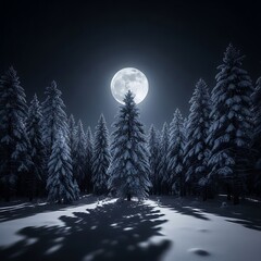 Snowy forest bathed in moonlight.