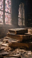 Dilapidated Library with Golden Sunlight Illuminating Dust and Decaying Books