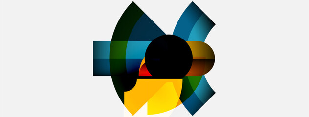 Obraz premium Abstract colorful design features circular shapes, overlapping segments. Black center creates focal point against vibrant hues. Modern, dynamic composition.