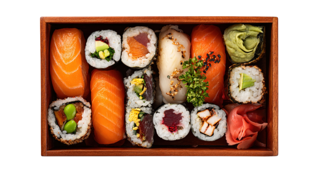 A sushi roll with salmon being held by wooden chopsticks