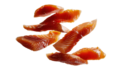 A sushi roll with salmon being held by wooden chopsticks