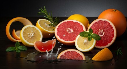 A vibrant display of citrus fruits with splashes and herbs.
