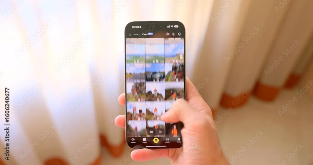 Aufkleber close-up video of a hand holding a smartphone using a 360° virtual tour app inside a bright modern b