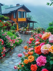 Obraz premium Rose garden by wooden house