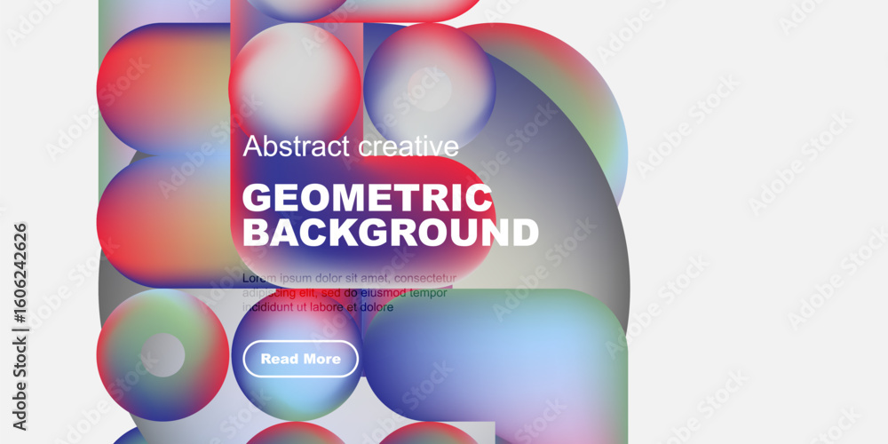 Poster vibrant abstract shapes overlap, creating dynamic geometric background. text promotes further explor