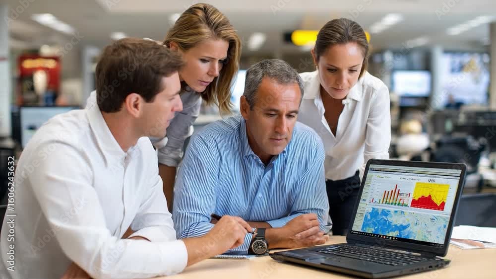 Aufkleber team analyzing data on laptop: a dynamic business team engages in focused analysis, peering intently