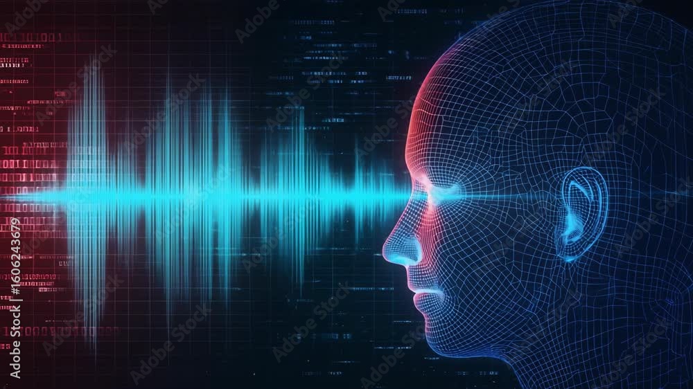 Poster digital profile of human face analyzing voice waves in a futuristic interface, representing ai voice