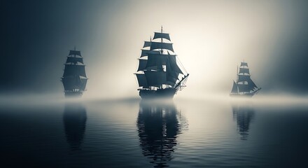 Three sailing ships in a misty sea.