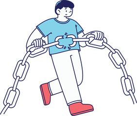 Fun cartoon character breaking a heavy chain, symbolizing freedom from tech or digital restrictions, great for UI error pages.